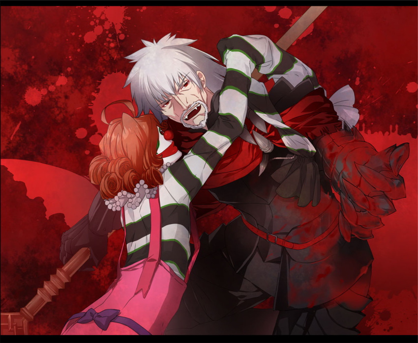 1boy, 1girl, ahoge, beard, blood, bloody_clothes, claws, clown