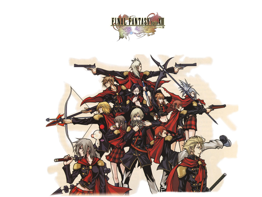 6+boys, 6+girls, ace_(fft-0), black_hair, blonde_hair, blue_eyes, bow_(weapon), braid