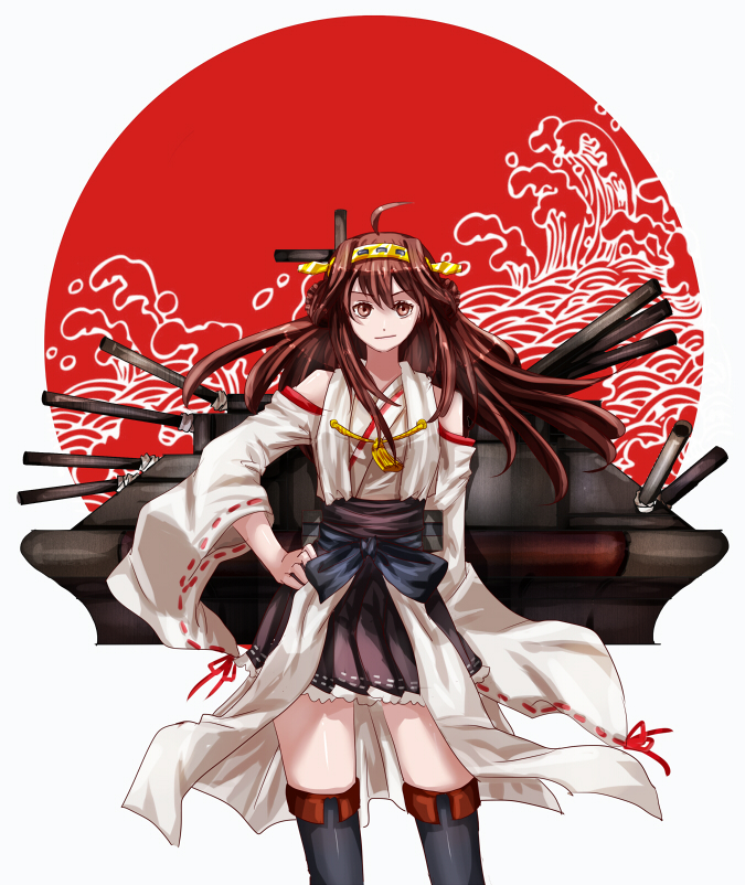 1girl, ahoge, boots, brown_hair, detached_sleeves, hand_on_hip, kantai_collection, kongou_(kantai_collection)
