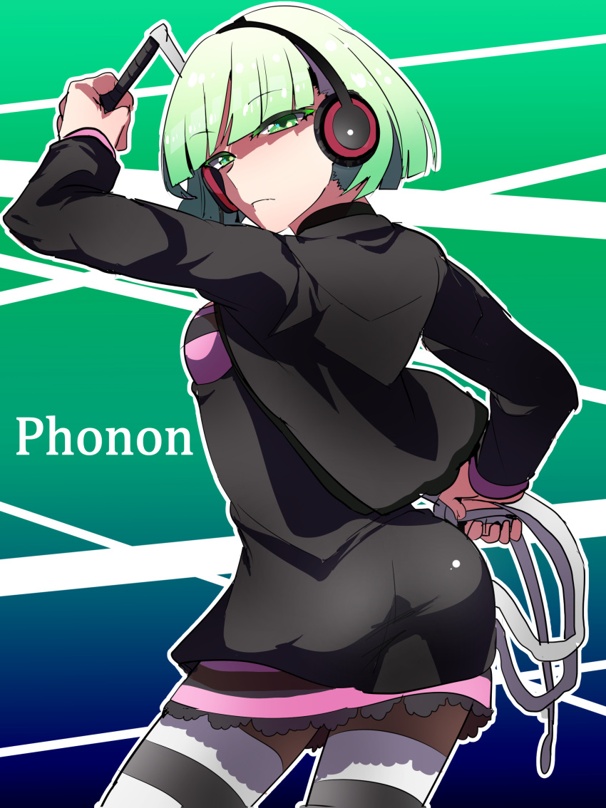 absurdres, ass, green_eyes, green_hair, headphones, highres, maduzu, phonon_(under_night_in-birth), skirt, thigh-highs, under_night_in-birth, under_night_in-birth_exe:late[st], whip