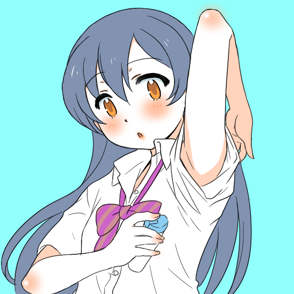 1girl, arm_up, armpits, black_hair, bow, brown_eyes, deodorant, love_live!_school_idol_project
