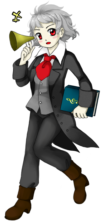 1girl, ascot, book, boots, coat, drill_hair, grey_hair, high_collar, looking_at_viewer, ludwig_van_beethoven, oota_jun'ya_(style), open_mouth, original, pants, parody, red_eyes, silver_hair, solo, spiky_hair, style_parody, touhou, transparent_background, treble_clef, victorian, zashiki-warashi