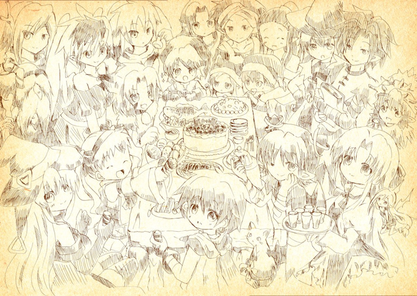 6+girls, book, cake, cat, cierra, closed_eyes, ecthel_(riviera), fairy, fia_(riviera), fish, food, hat, heart, heart-shaped_pupils, ladie_(riviera), lyuri_(riviera), meute_(riviera), molan_(riviera), multiple_girls, mursya_(riviera), one_eye_closed, open_mouth, rebecca_(riviera), ribbon, riviera, rose_(riviera), serene_(riviera), soala_(riviera), symbol-shaped_pupils, witch, witch_hat