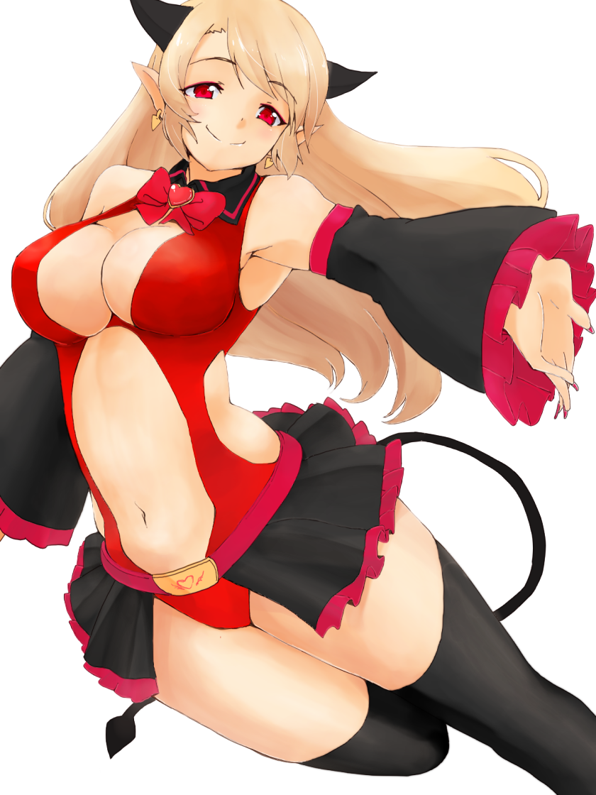 1girl, bare_shoulders, belt, black_legwear, blonde_hair, bow, breasts, cleavage