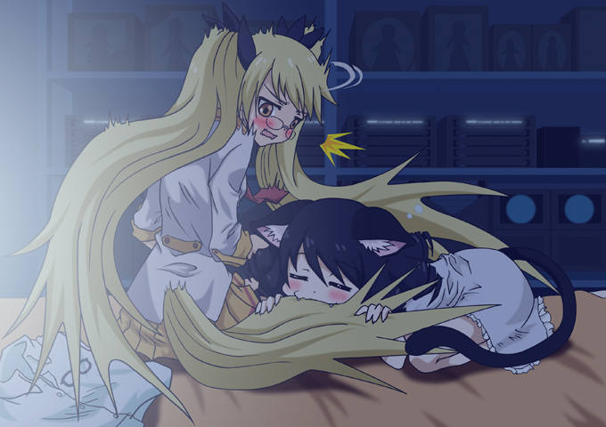 /\/\/\, animal_ears, bell, biting_tail, black_hair, blonde_hair, blush, cat_ears