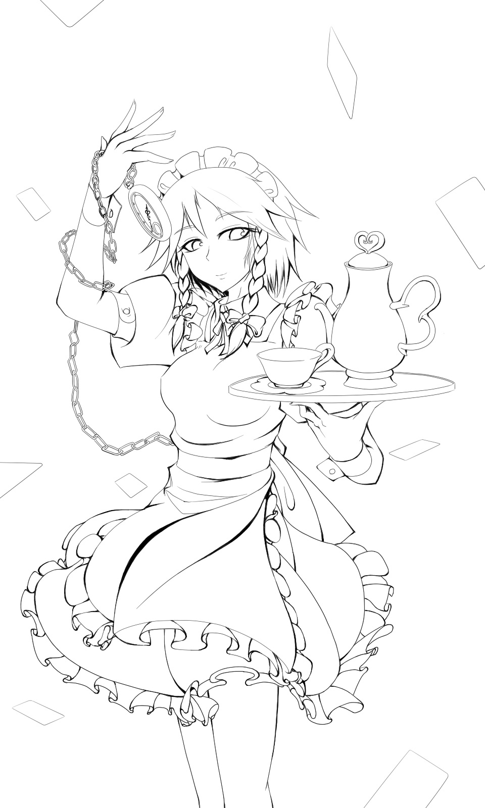 izayoi_sakuya, lineart, maid, monochrome, sai_(pixiv232943), touhou