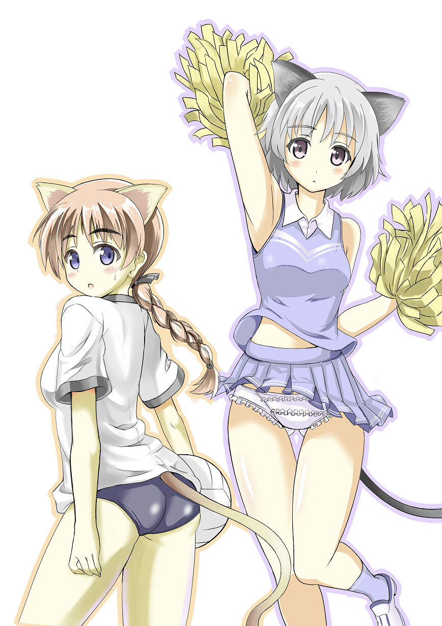 2girls, ahoge, animal_ears, armpits, blue_eyes, braid, brown_hair, buruma