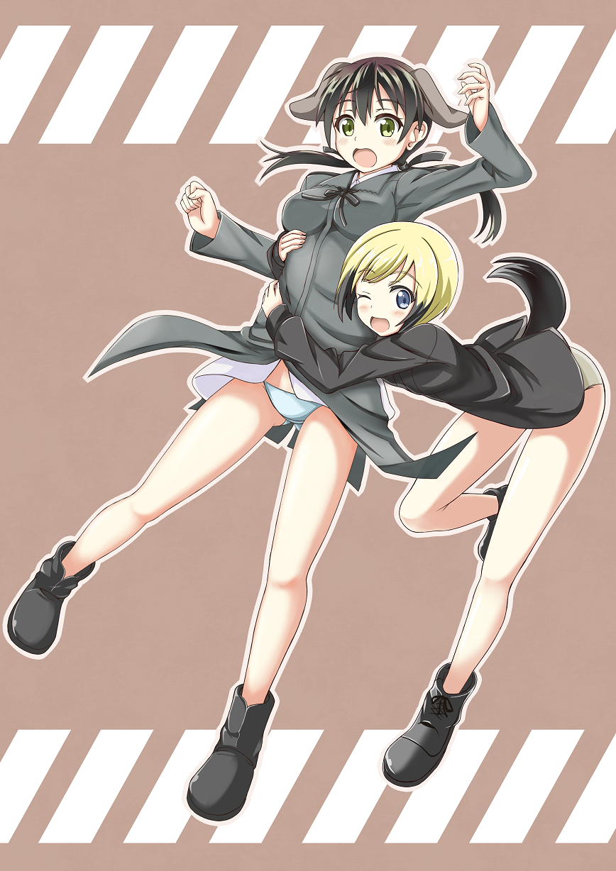 2girls, animal_ears, blonde_hair, blue_eyes, brown_hair, dog_ears, dog_tail, erica_hartmann