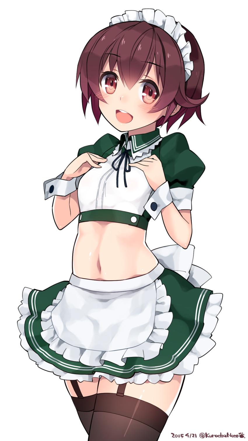 1girl, :d, alternate_costume, apron, black_legwear, blue_ribbon, blush, brown_hair