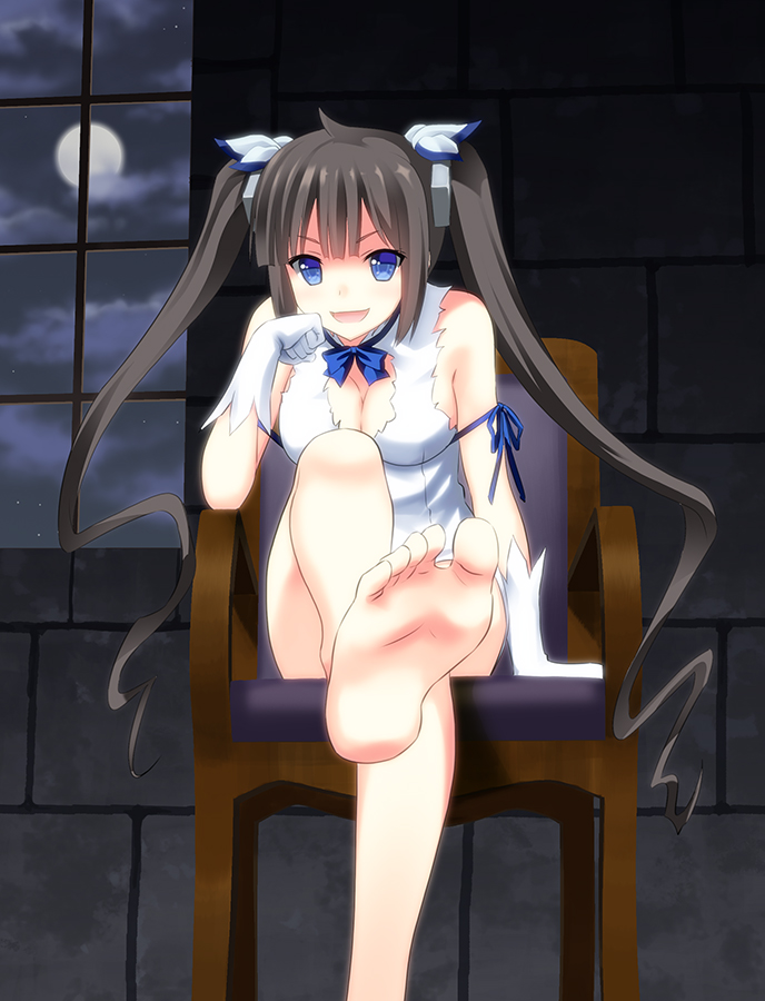 1girl, :d, barefoot, black_hair, blue_eyes, breasts, chair, cleavage, dungeon_ni_deai_wo_motomeru_no_wa_machigatteiru_darou_ka, feet, full_moon, gloves, hair_ribbon, hestia_(danmachi), kanmimi, long_hair, looking_at_viewer, moon, open_mouth, rei_no_himo, ribbon, sitting, smile, twintails, white_gloves, window