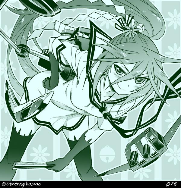 1girl, akebono_(kantai_collection), alternate_costume, commentary_request, hatsuharu_(kantai_collection), hatsuharu_(kantai_collection)_(cosplay), kantai_collection, solo, sumeragi_hamao, twitter_username