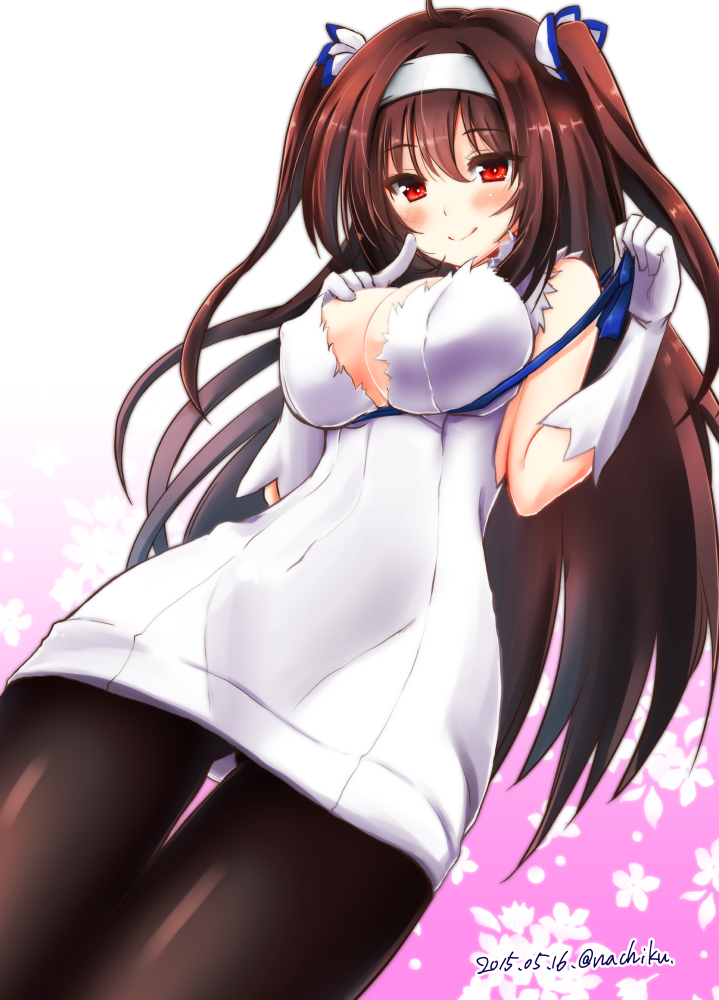1girl, black_legwear, blush, breasts, brown_hair, cleavage, cleavage_cutout, cosplay
