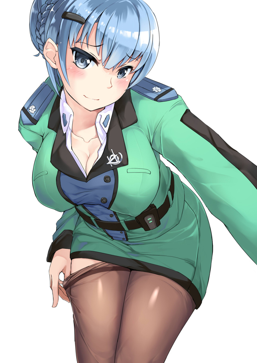 1girl, belt, bent_over, blue_dress, blue_eyes, blush, braid, breasts