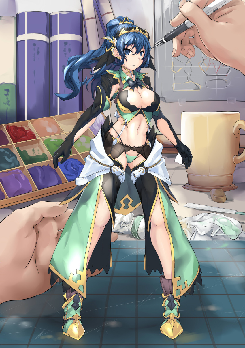 1girl, absurdres, black_gloves, blue_eyes, blue_hair, breasts, bustier, chaps, cleavage, cup, drawing_equipment, figure, gloves, green_eyes, highres, large_breasts, long_hair, lu_hao_liang, midriff, navel, original, pen, pov_hands, tiara