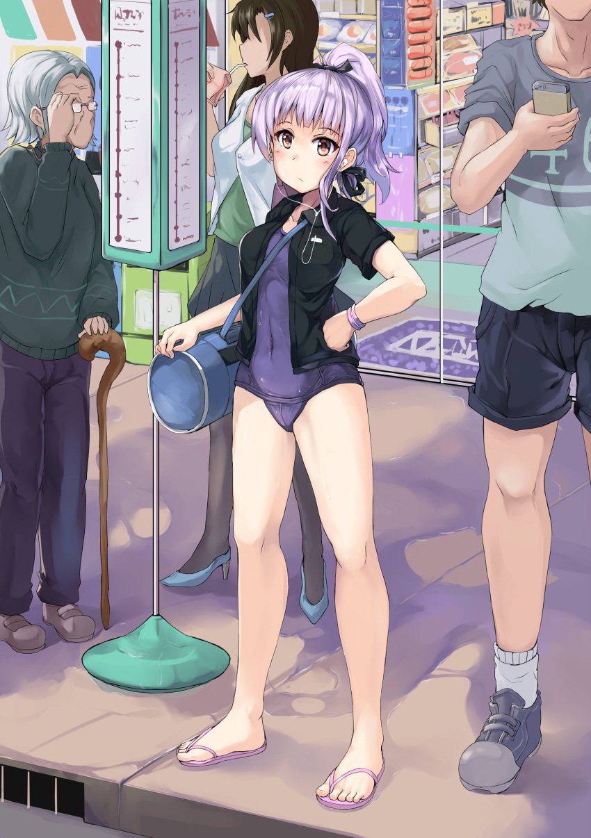 2girls, 3girls, absurdres, adjusting_glasses, bag, boardwalk, bracelet, brown_hair