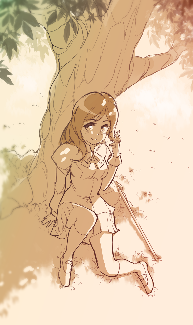 1girl, against_tree, dappled_sunlight, enomoto_saki, hair_twirling, highres, katawa_shoujo, long_hair