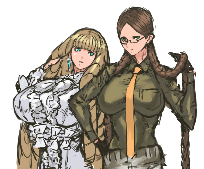 2girls, aqua_eyes, bangs, black_gloves, blunt_bangs, braid, breasts, brown_hair