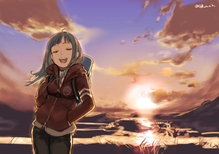 1girl, ahoge, backpack, bag, bangs, blue_hair, blunt_bangs, closed_eyes, clouds, cloudy_sky, drawstring, gbmah, hands_in_pockets, hood_down, hooded_jacket, jacket, outdoors, pants, red_jacket, sky, solo, tendouji_musubi, tokyo_7th_sisters, twilight, twitter_username, zipper