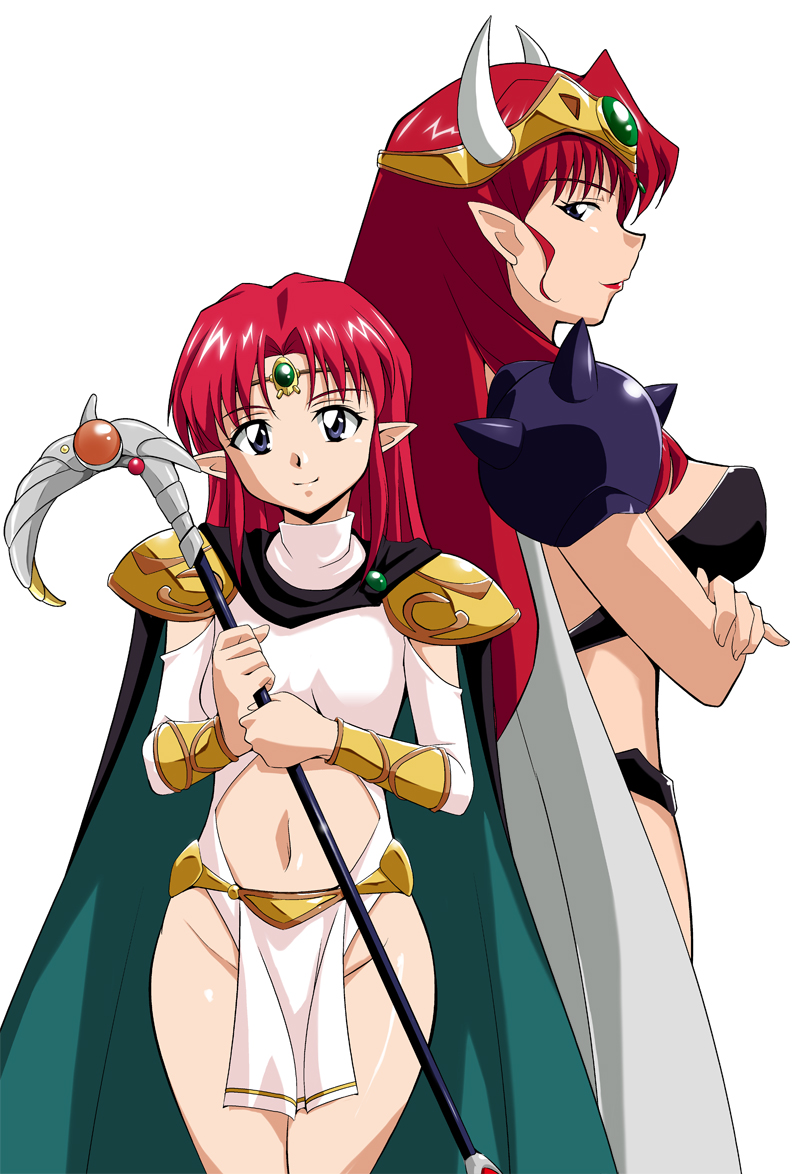2girls, azalyn, cape, horned_headwear, long_hair, multiple_girls, musekinin_kanchou_tylor, navel, pauldrons, pointy_ears, redhead, ryumage, shia_has, staff