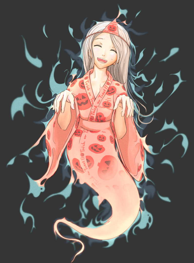 1girl, black_background, blush, closed_eyes, ghost, ghost_tail, halloween, jack-o'-lantern