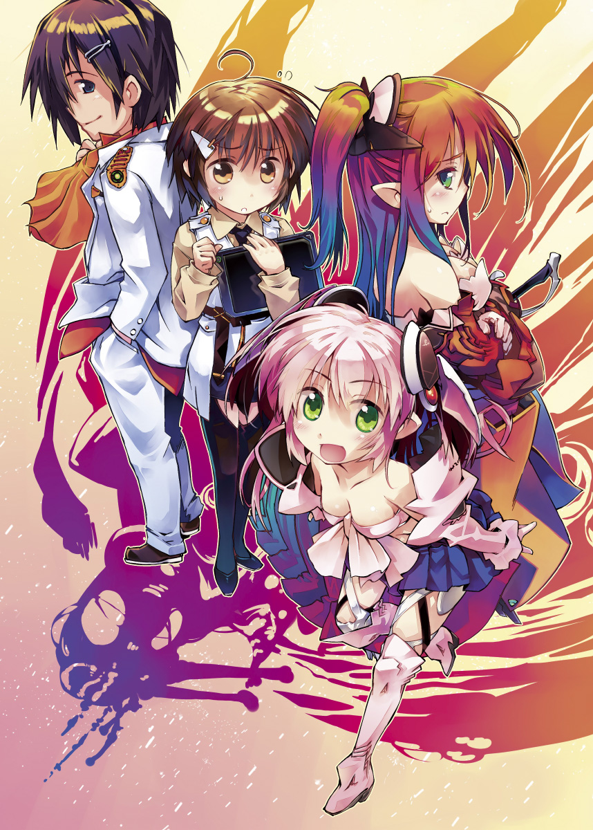 1boy, 3girls, azalyn, brown_eyes, brown_hair, green_eyes, hair_ornament, hairclip