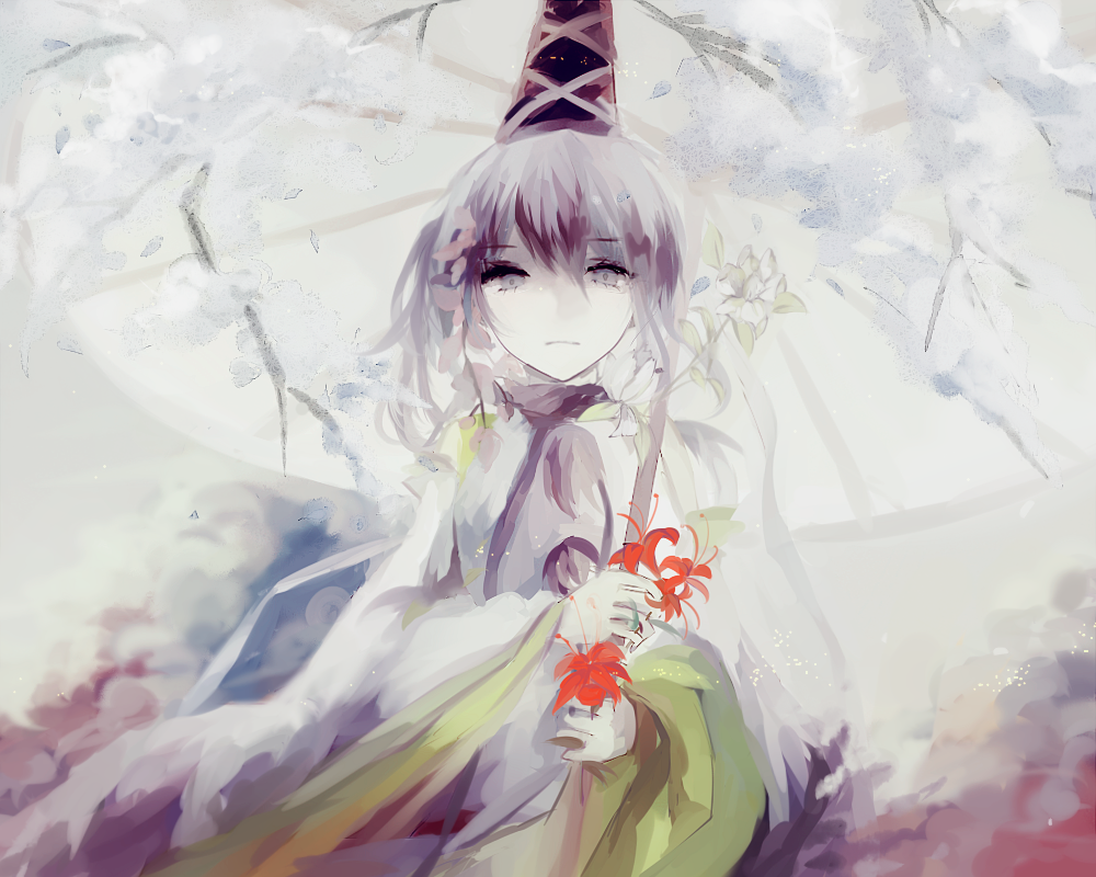 1girl, expressionless, flower, hat, holding, long_sleeves, looking_at_viewer, mononobe_no_futo, relieved, solo, tate_eboshi, touhou, wide_sleeves