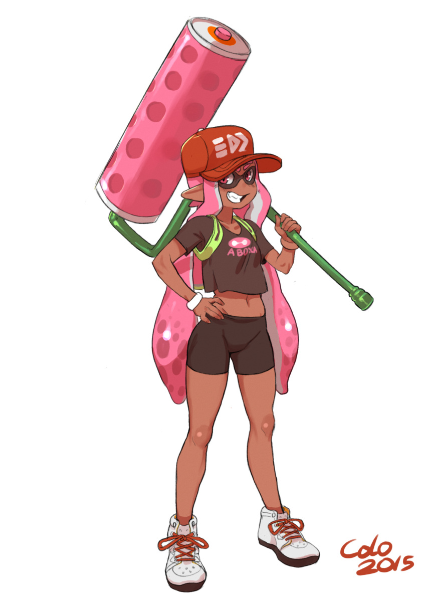 1girl, animal_humanoid, anthro, baseball_cap, bike_shorts, cephalopod, cephalopod_humanoid, colo_(nagrolaz), crop_top, dark_skin, fang, flat_chest, full_body, grin, hat, highres, humanoid, inkling, inkling_girl, laura_(splatoon), long_hair, mask, mask_(marking), midriff, navel, nintendo, oversized_object, paint_roller, pink_eyes, pink_hair, pointy_ears, pseudo_hair, shoes, smile, sneakers, solo, splatoon, splatoon_(series), squid, t-shirt, tentacle, tentacle_hair, wristband