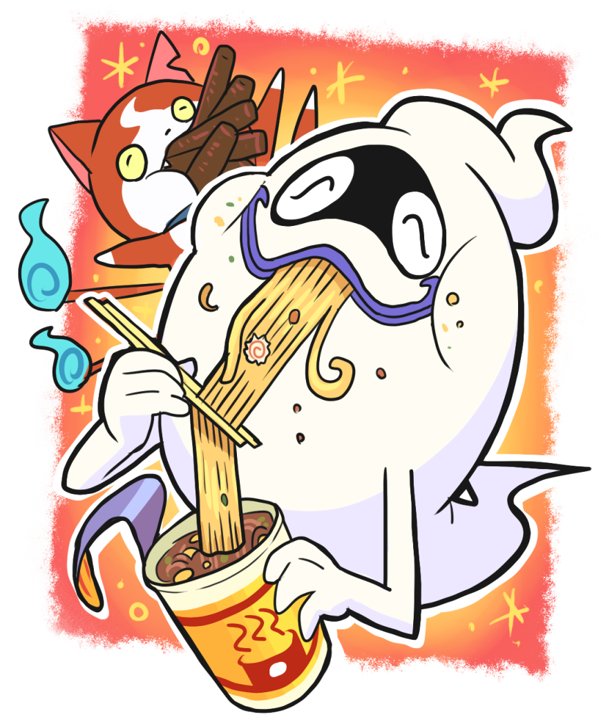 candy_bar, cat, chocoboo, chopsticks, closed_eyes, eating, food, food_on_face, gashi-gashi, ghost, jibanyan, multiple_tails, no_humans, noodles, notched_ear, purple_lips, ramen, tail, two_tails, whisper_(youkai_watch), youkai, youkai_watch