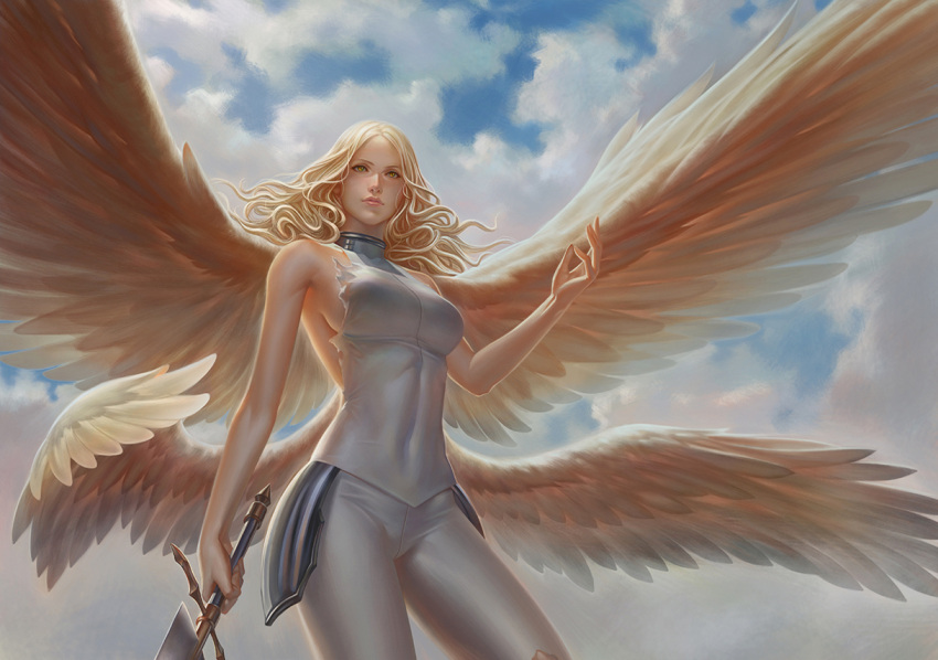 armor, blonde_hair, breasts, claymore, clouds, leo_chuang, sideboob, spoilers