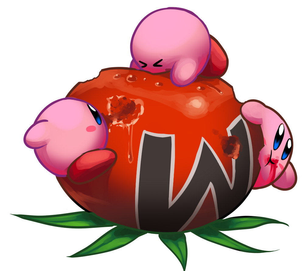>_<, 3others, atsumete!_kirby, blue_eyes, blush_stickers, clone, eating, food