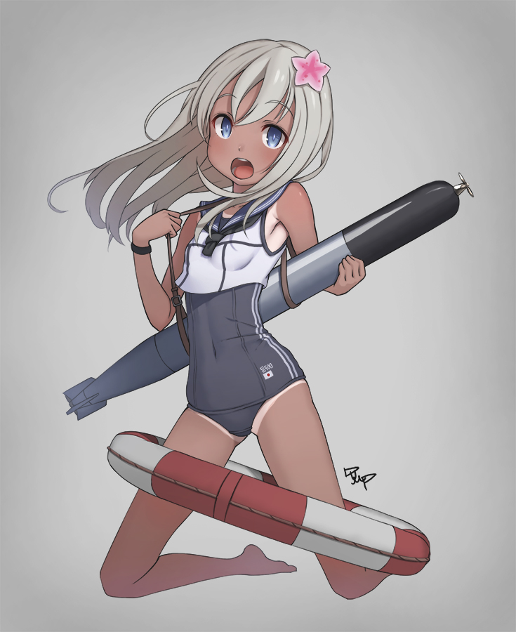 1girl, blonde_hair, blue_eyes, crop_top, dump, flower, hair_flower, hair_ornament, kantai_collection, kneeling, lifebuoy, long_hair, one-piece_tan, ro-500_(kantai_collection), sailor_collar, school_swimsuit, swimsuit, swimsuit_under_clothes, tan, tanline, torpedo