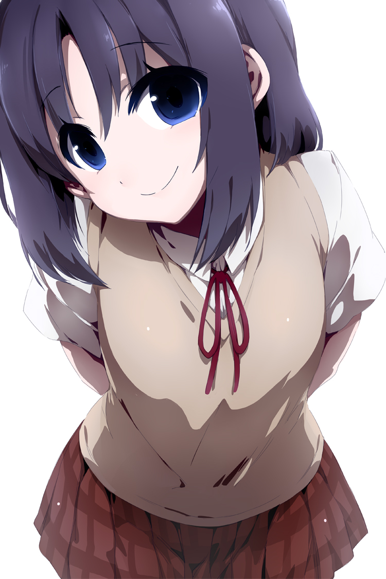1girl, arms_behind_back, black_hair, blue_eyes, flat_chest, looking_at_viewer, minami-ke, plaid