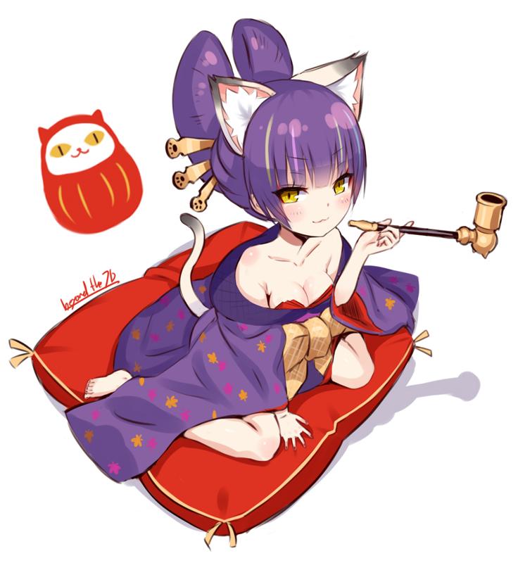 1girl, 2d, :3, animal_ears, bare_shoulders, barefoot, blush, breasts