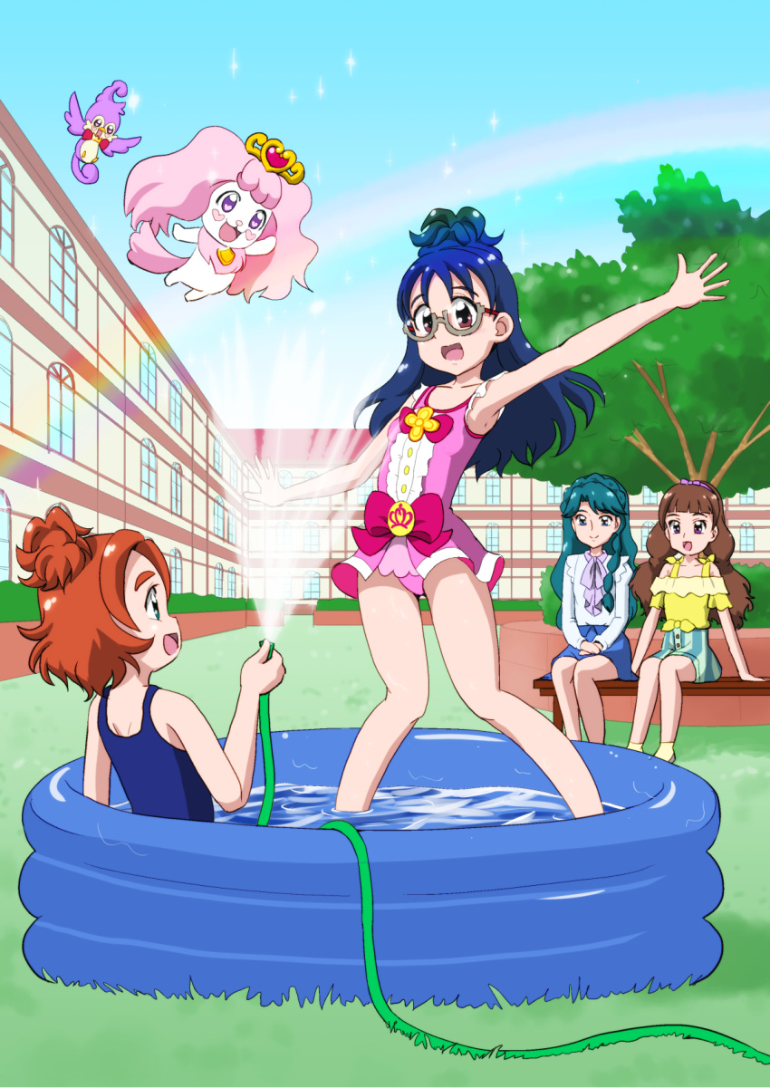 4girls, amanogawa_kirara, aroma_(go!_princess_precure), bench, casual_one-piece_swimsuit, glasses, go!_princess_precure, haruno_haruka