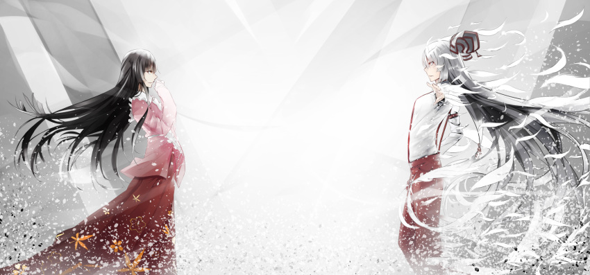 2girls, alternate_eye_color, armband, backlighting, bangs, black_hair, bow, breasts