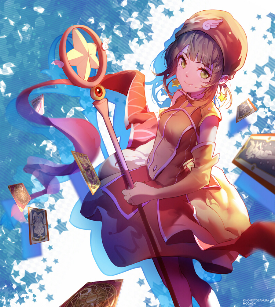 1girl, brown_hair, cardcaptor_sakura, cherry_blossoms, clow_card, dress, elbow_gloves, gloves
