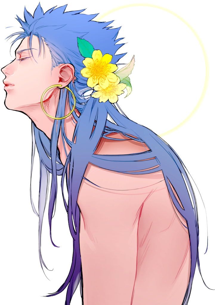 1boy, blue_hair, earrings, fate/stay_night, fate_(series), flower, hair_down, hair_flower, hair_ornament, hoop_earrings, jewelry, lancer, long_hair, red_eyes, sennin_(inoinox), shirtless