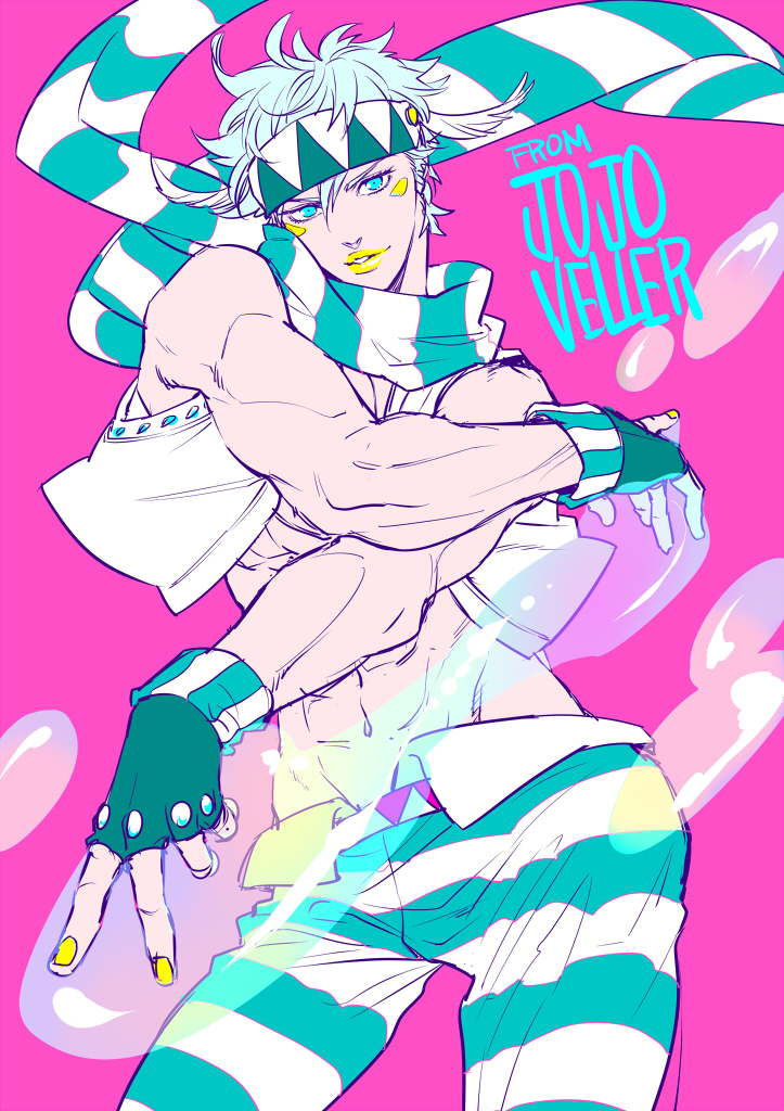 1boy, bubble, caesar_anthonio_zeppeli, facial_mark, fingerless_gloves, gloves, headband, jojo_no_kimyou_na_bouken