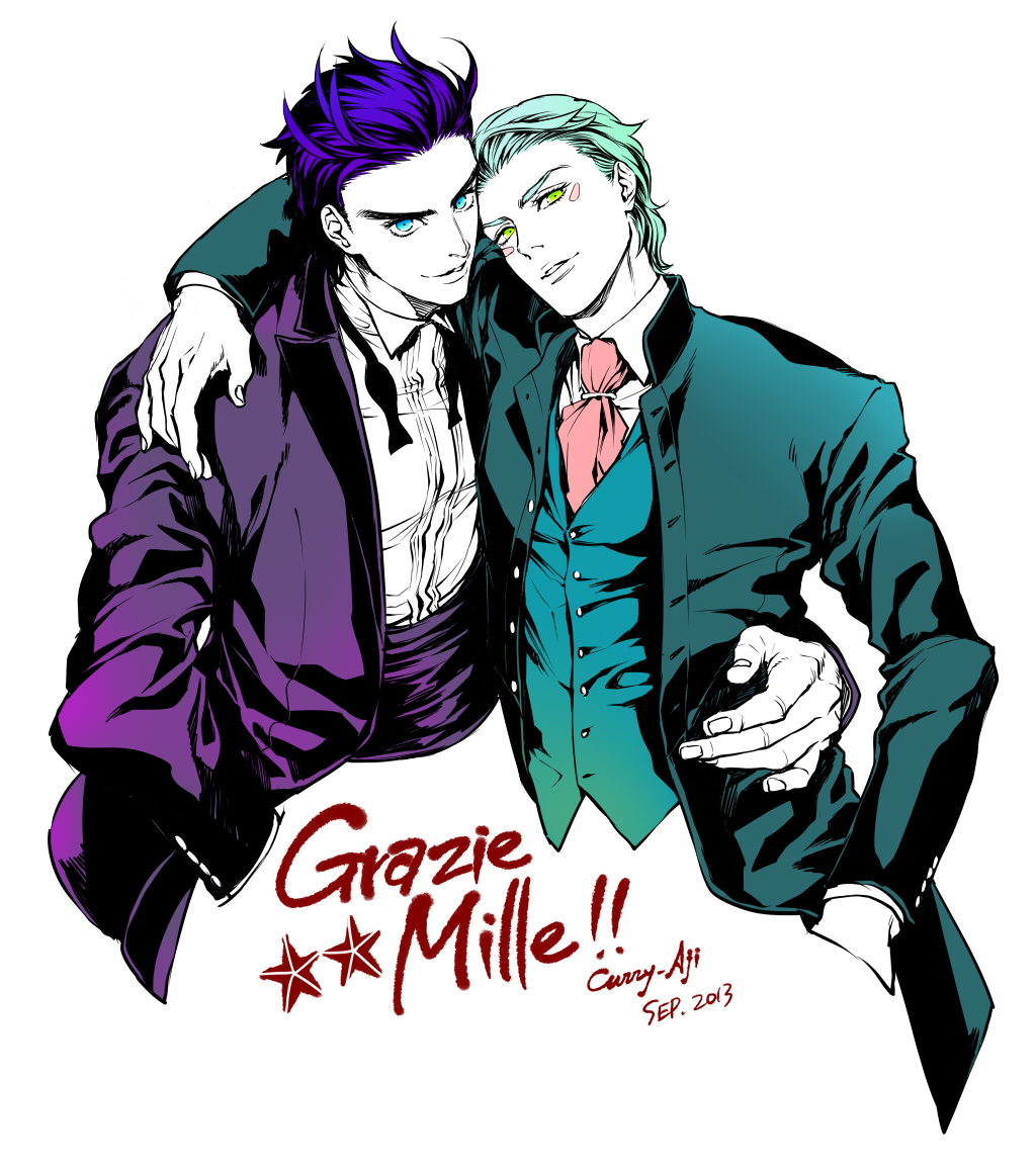 2boys, ascot, blue_eyes, blue_hair, caesar_anthonio_zeppeli, facial_mark, formal, green_eyes