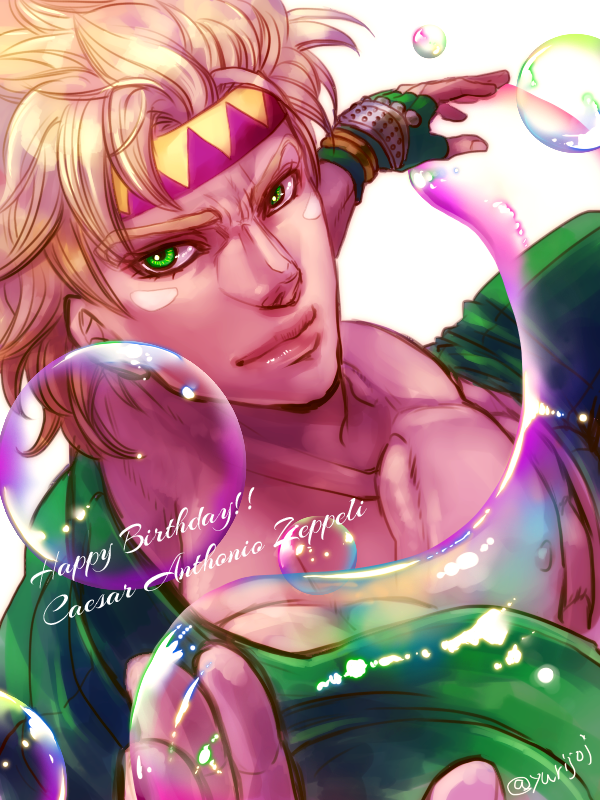 1boy, blonde_hair, bubble, caesar_anthonio_zeppeli, character_name, facial_mark, feathers, fingerless_gloves
