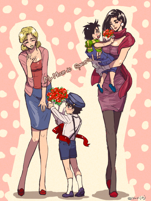 2boys, 2girls, black_hair, blonde_hair, bouquet, child, flower, hat, jojo_no_kimyou_na_bouken, joseph_joestar_(young), kuujou_holly, kuujou_joutarou, lisa_lisa, mother_and_son, multiple_boys, multiple_girls, scarf, shorts, yuriko2755
