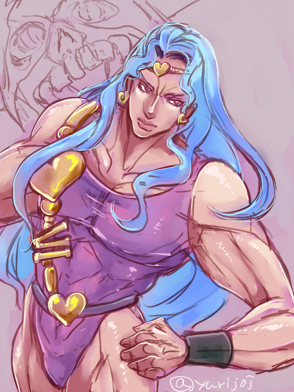 1boy, blue_hair, jojo_no_kimyou_na_bouken, leotard, long_hair, pectorals, red_eyes, solo