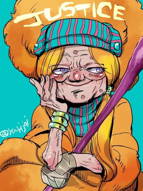 1girl, bandages, blonde_hair, enya_geil, hand_on_own_face, headband, jojo_no_kimyou_na_bouken, old_woman