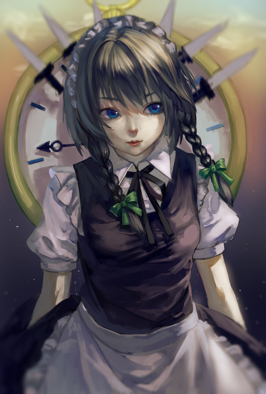 1girl, apron, blue_eyes, braid, ebon_(7841327), hair_ribbon, highres, izayoi_sakuya, knife, lips, maid_headdress, nose, pocket_watch, puffy_short_sleeves, puffy_sleeves, ribbon, short_hair, short_sleeves, silver_hair, solo, touhou, twin_braids, upper_body, waist_apron, watch