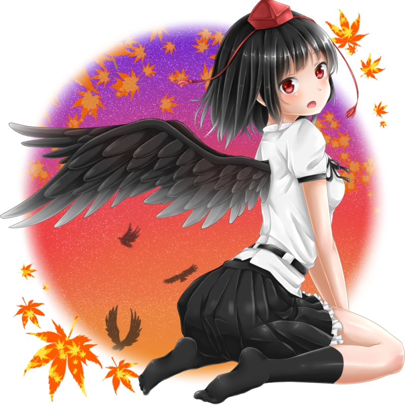 1girl, belt, black_hair, black_legwear, black_skirt, black_wings, from_side, hat