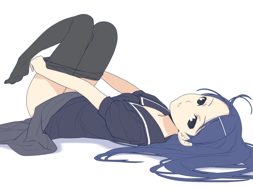 1girl, blue_hair, hair_ornament, hairclip, highres, ino, long_hair, lying