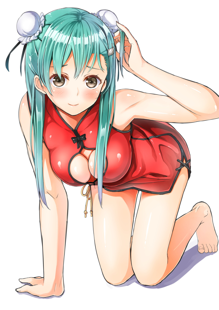 1girl, absurdres, all_fours, alternate_hairstyle, aqua_hair, barefoot, blush, brown_eyes, bun_cover, cleavage_cutout, double_bun, downblouse, full_body, hair_ornament, hair_tousle, hairclip, hand_in_hair, highres, kantai_collection, long_hair, looking_at_viewer, shizuka_(deatennsi), smile, solo, suzuya_(kantai_collection)