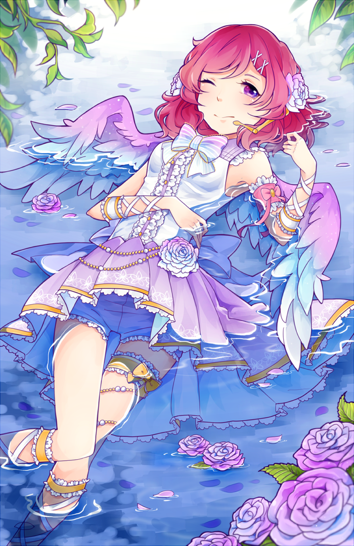 1girl, aya_(8819062), bow, feathered_wings, flower, gradient, gradient_wings, hair_flower