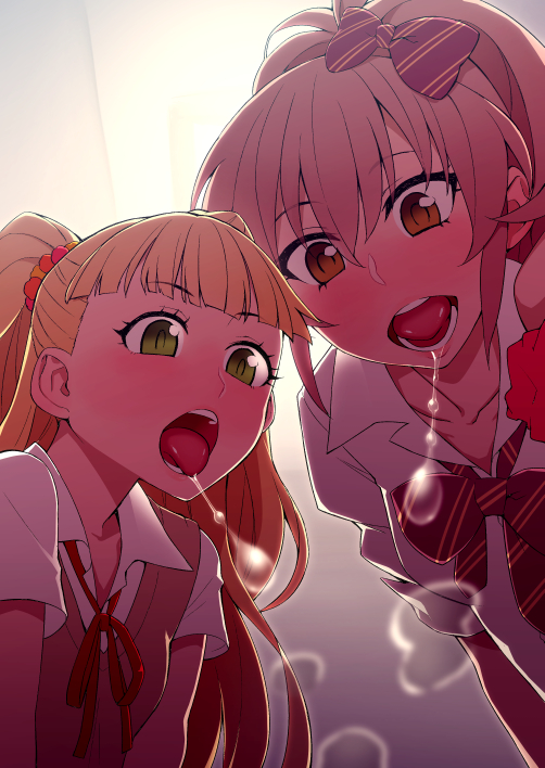 blonde_hair, blush, bow, breath, green_eyes, hair_bow, idolmaster, idolmaster_cinderella_girls, jougasaki_mika, jougasaki_rika, long_hair, looking_at_viewer, multiple_girls, open_mouth, pink_hair, saliva, saliva_trail, siblings, sisters, tkhs, tongue, tongue_out, twintails, yellow_eyes