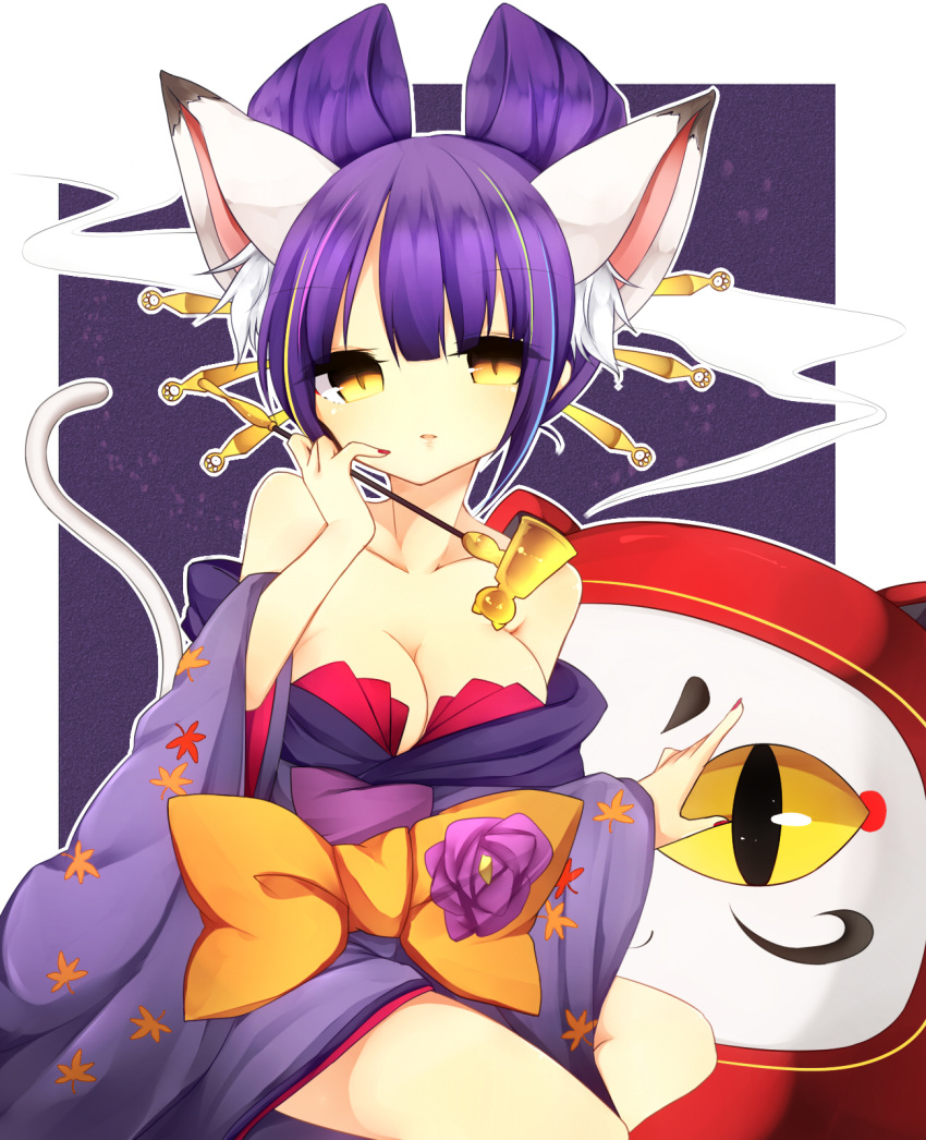 1girl, a-iueo, animal_ears, bare_shoulders, breasts, cat_ears, cat_tail, cleavage